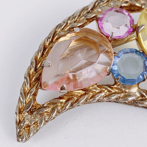 VTG 40s 50s Mid Century Lucite Paisley Brooch Gold Tone Multicolor Pin Sparkly - Picture 4 of 10